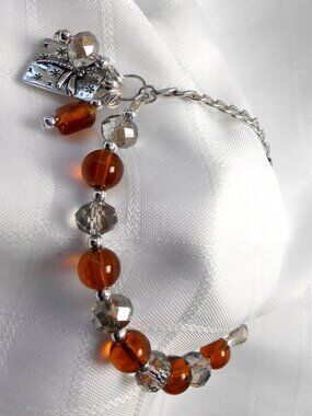 No28- Handmade bracelet with 8mm glass beads, crystals & double-sided dragonfly